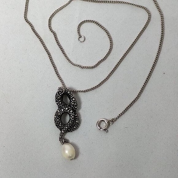 Beguiling Sterling Silver Snake Amulet Necklace w/ Marcasite & Freshwater Pearl - Picture 7 of 10